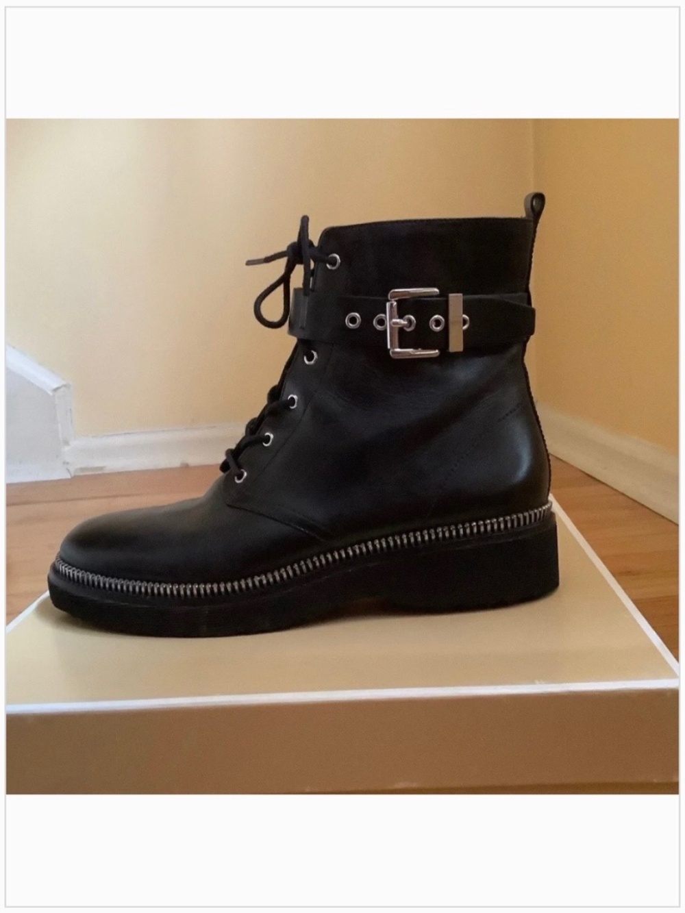 Michael Kors Vivia Zip Trimmed Leather Combat Bootie Black SZ 9.5